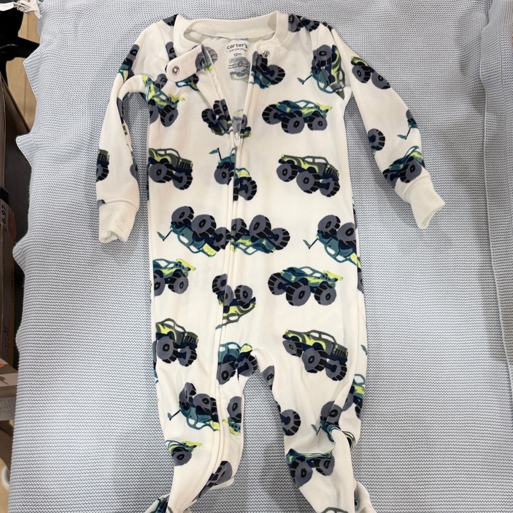 Carter's Footed Onesie - White with Blue and Green Trucks